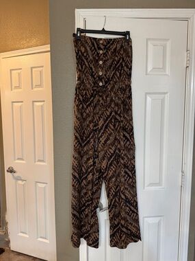 No Boundaries Brown Patterned Strapless Jumpsuit